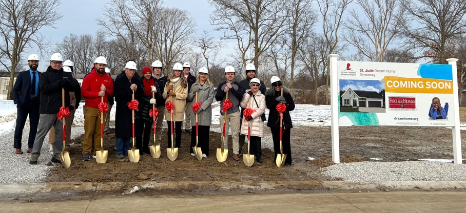 Photo of Fischer Homes associates, St. Jude representatives, and former St. Jude Patient breaking ground on the 2026 home