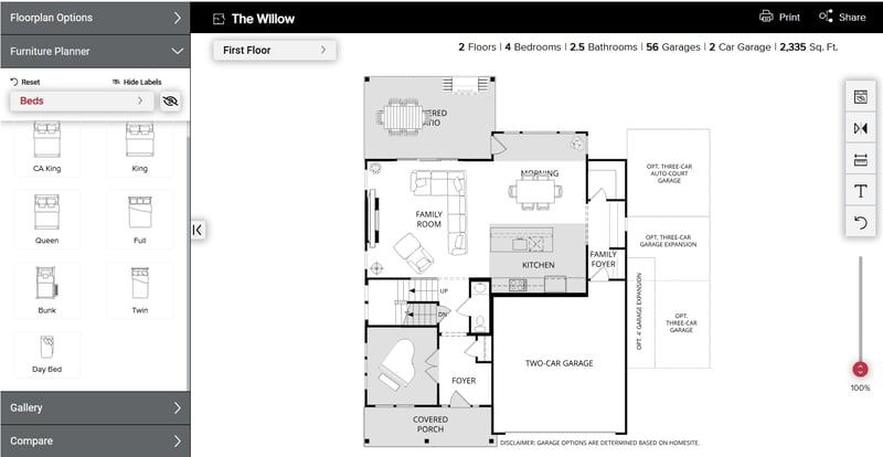 Interactive new home floorplan -- first floor, select furniture