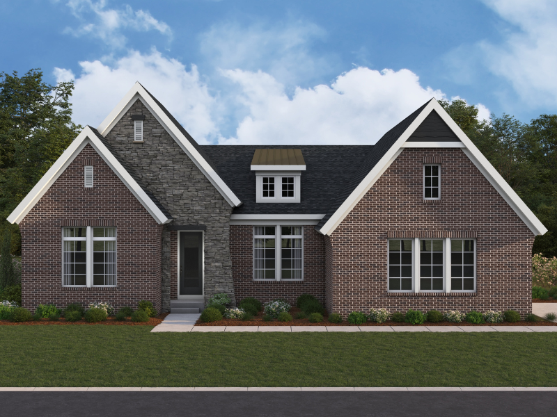 Winslow new home build rendering by Fischer Homes in the English Elegance style. Home is a mix of red brick and tan stone with three roof peaks. New Home in Raleigh North Carolina.